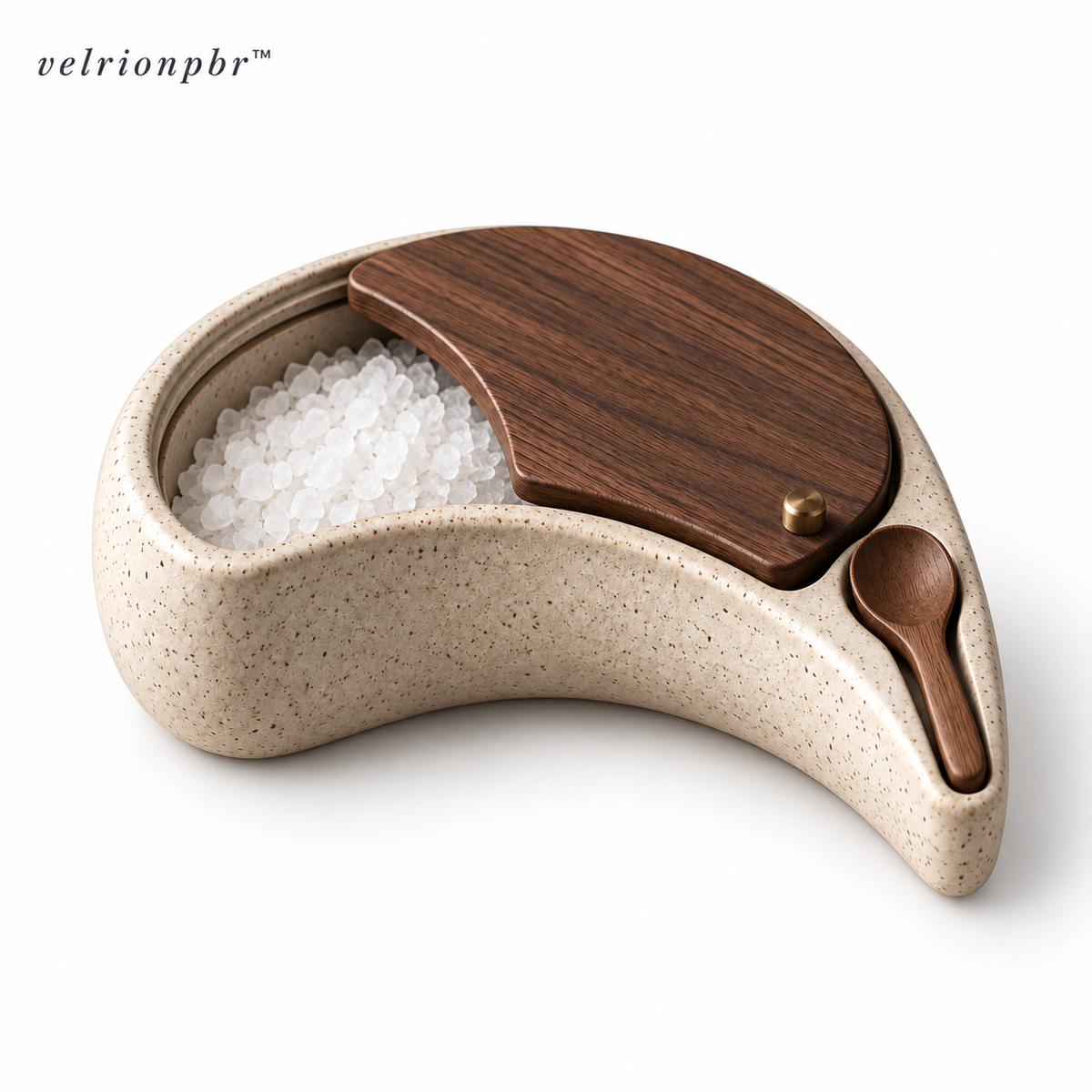 Crescent Salt Cellar with sliding lid and spoon on a white background