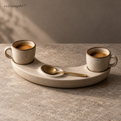 Velrionpbr Crescent Espresso Pairing Set with two cups and spoon rest, main product view