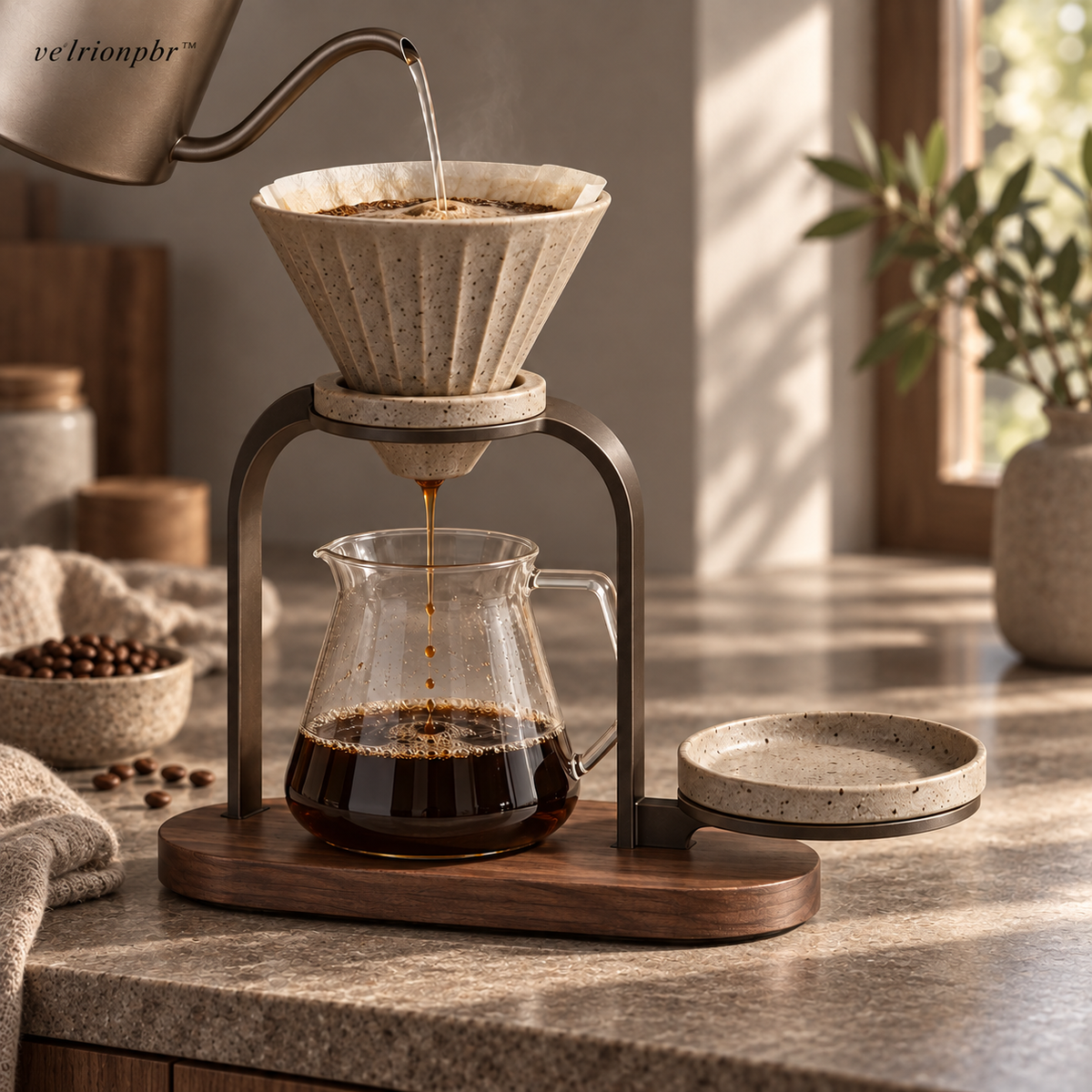 Pourline Coffee Dripper Stand styled in a home pour-over coffee setting