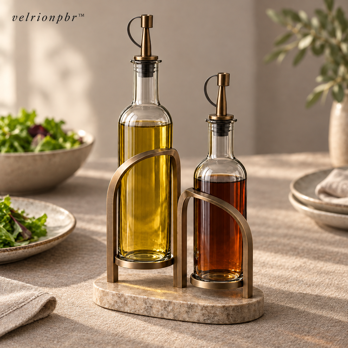 Twin Arch Oil and Vinegar Cruet Dock Set styled on a dining table