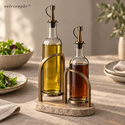 Twin Arch Oil and Vinegar Cruet Dock Set styled on a dining table