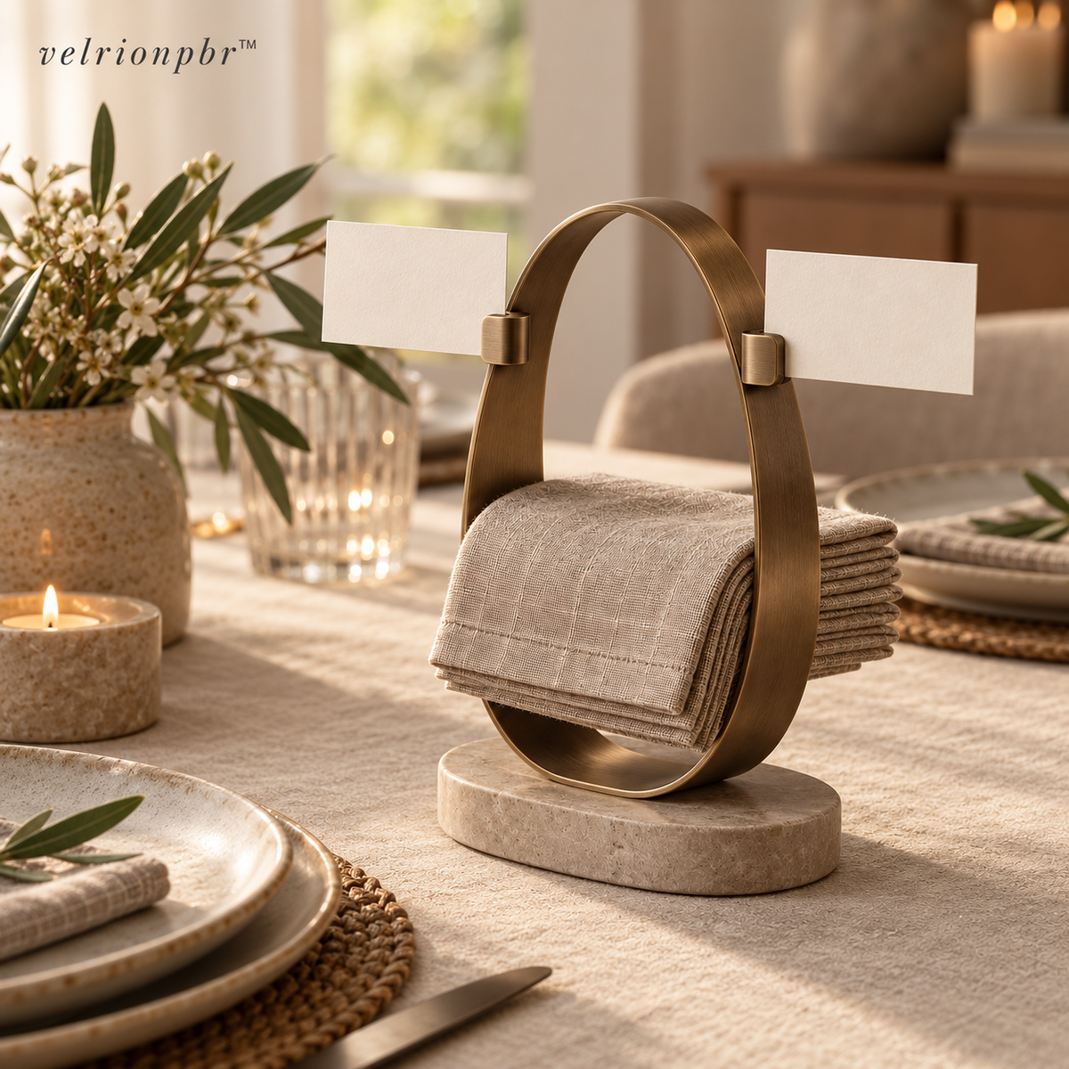 Orbit Loop Napkin Totem styled on a considered dining table