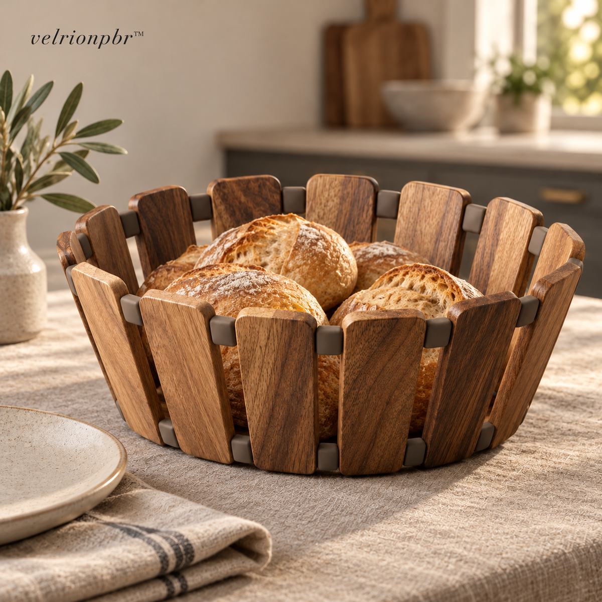 Foldline Bread Basket and Trivet styled on a dining table