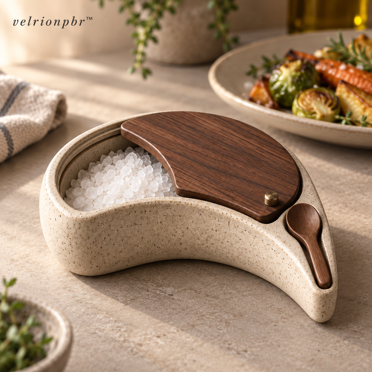 Crescent Salt Cellar styled on a calm kitchen counter