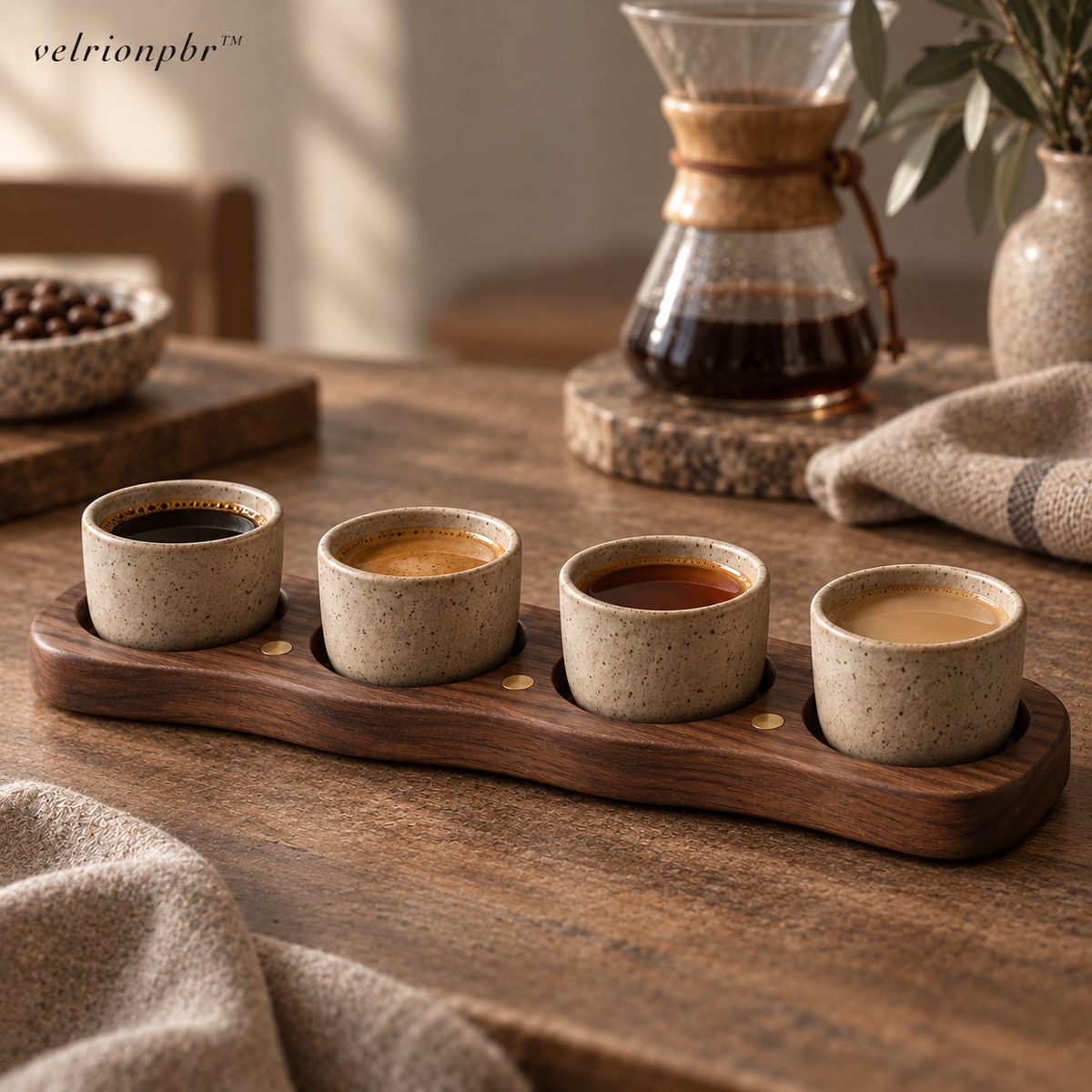 Four-cup coffee flight tasting rail arranged in a home coffee setting