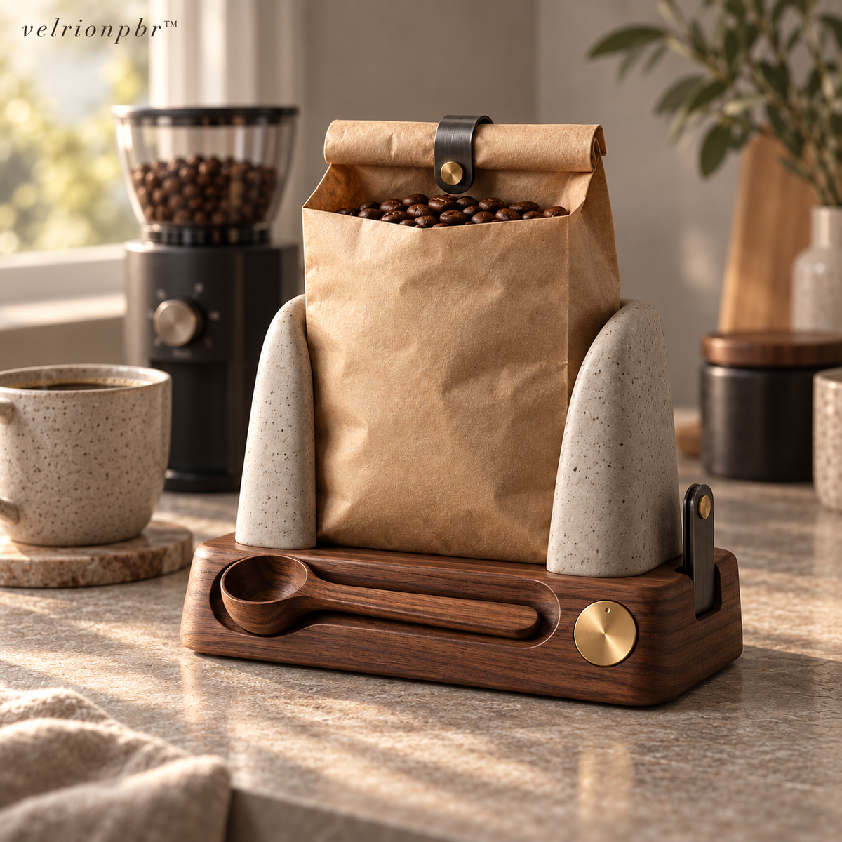 Brew Dial Coffee Bag Dock styled in a calm home coffee corner