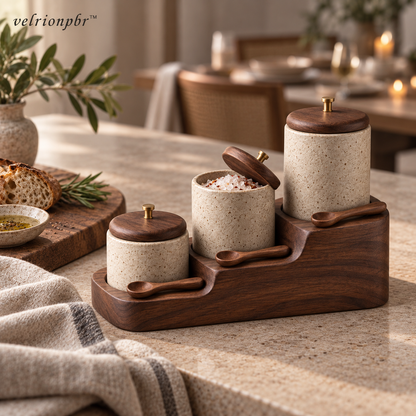 Stairstep Spice Cellar Trio arranged on a kitchen counter