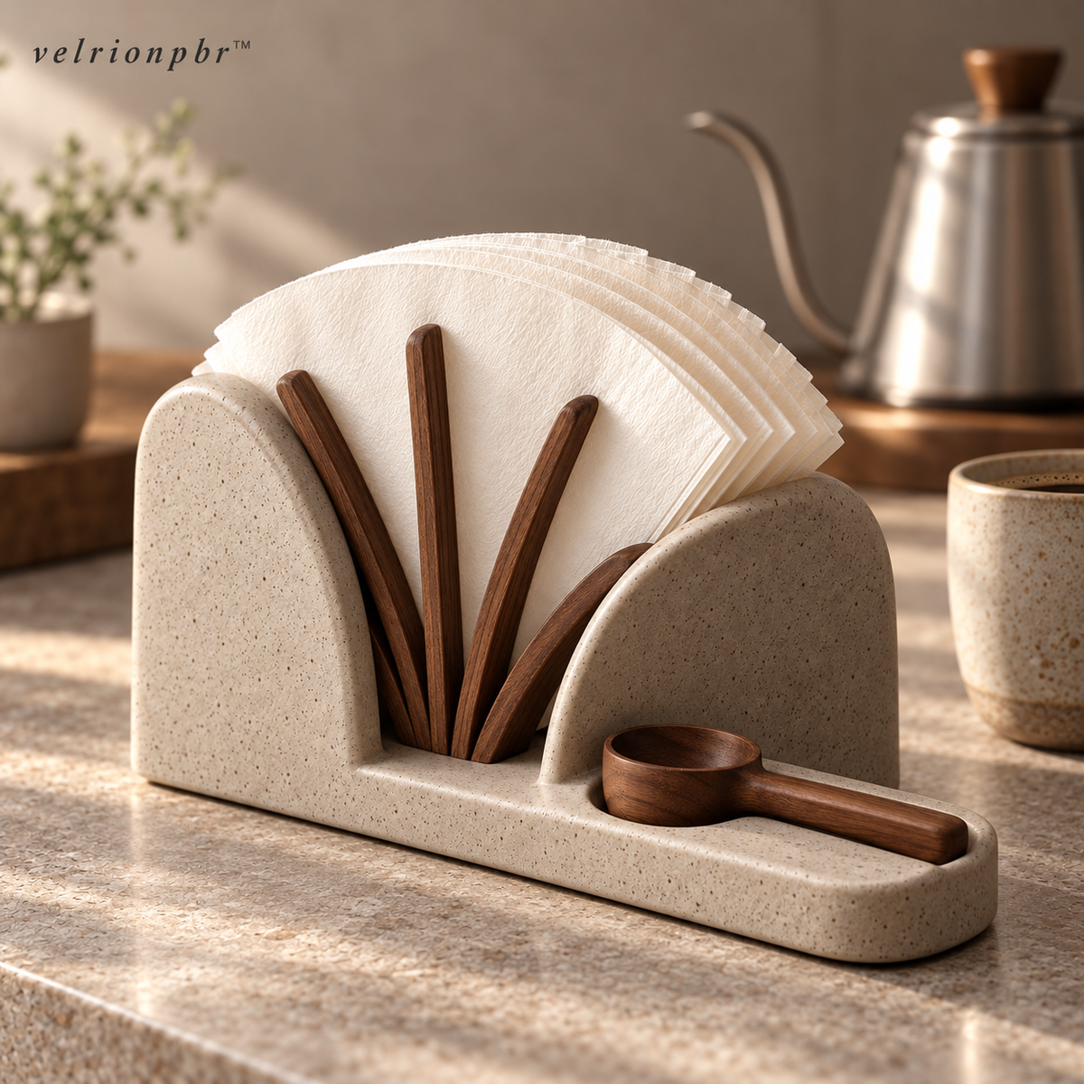 Fan Vault Coffee Filter Holder styled in a home coffee corner