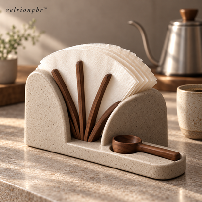 Fan Vault Coffee Filter Holder styled in a home coffee corner