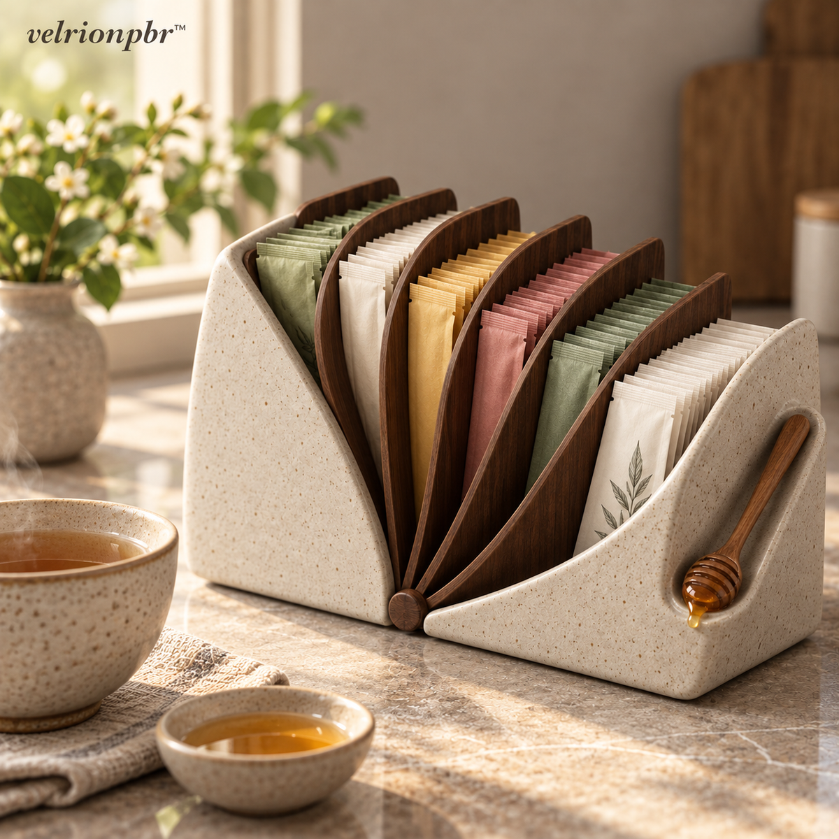 Fanfold Tea Sachet Archive styled beside a cup of tea in a home tea station