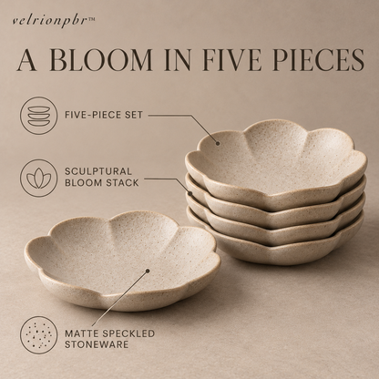 Bloomstack five-piece set highlighting its bloom stack and matte speckled stoneware