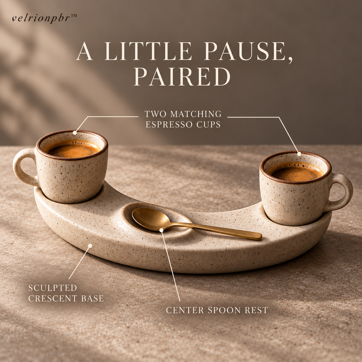 Crescent Espresso Pairing Set highlighting two cup wells and the central spoon rest