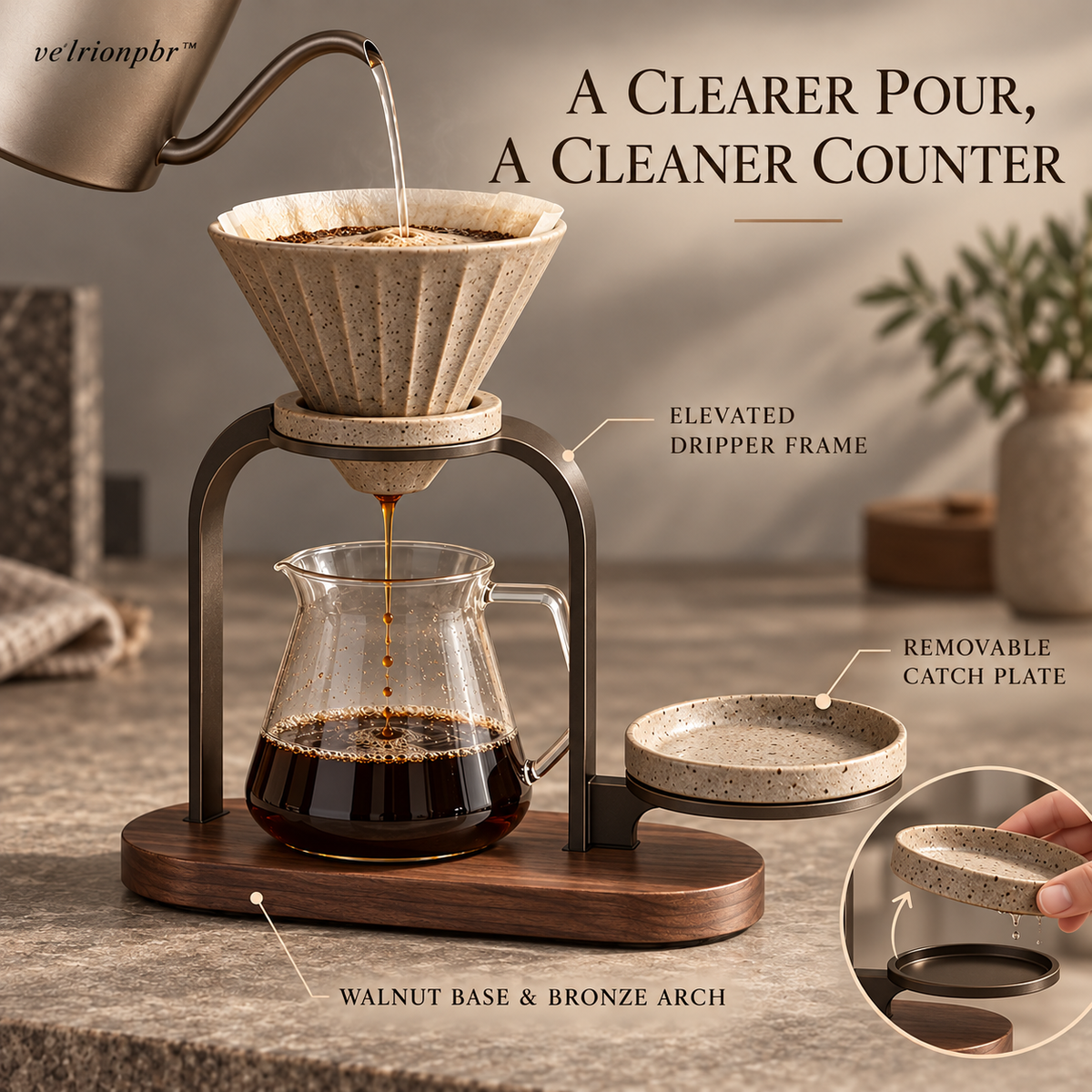 Pourline Coffee Dripper Stand showing its elevated frame and removable catch plate