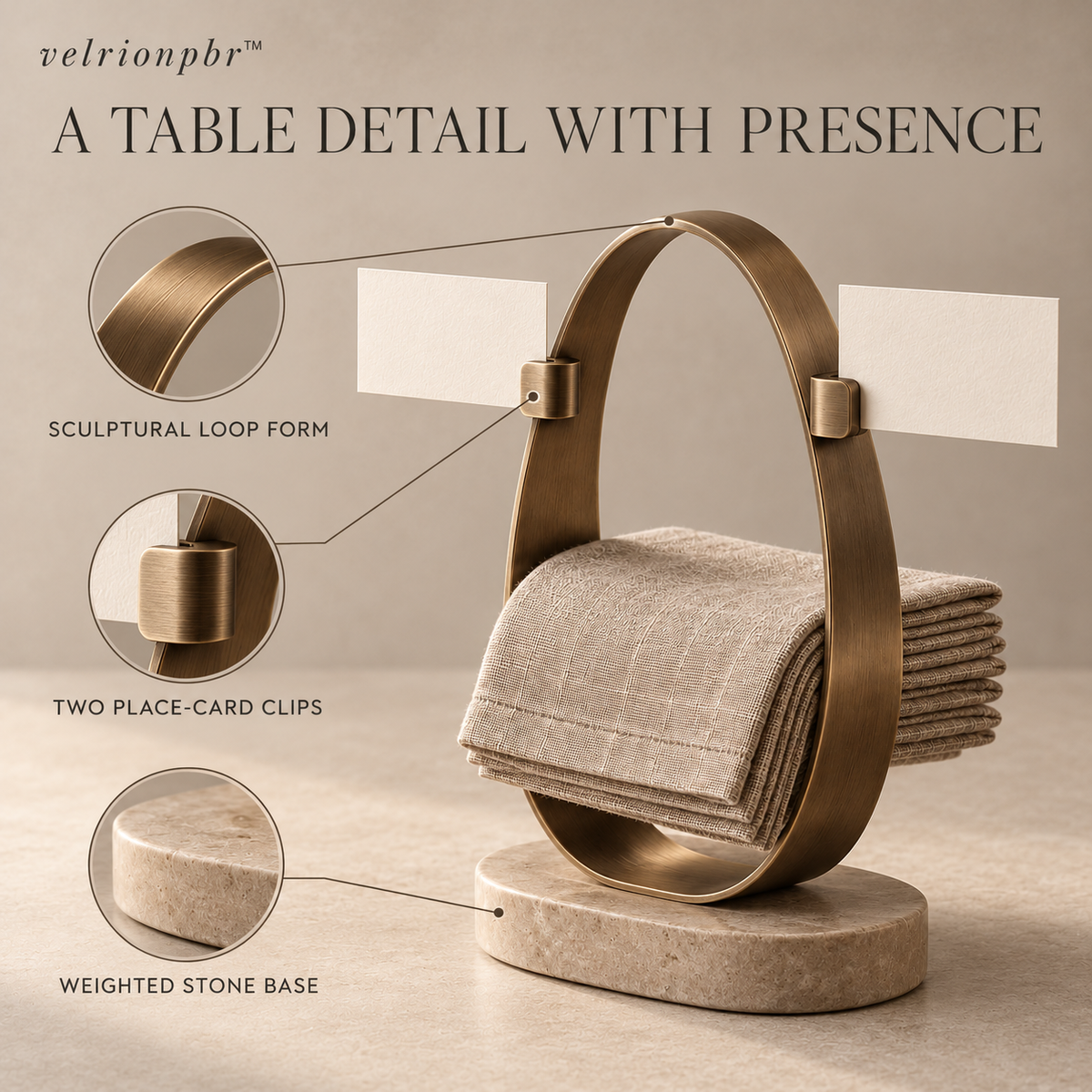 Orbit Loop Napkin Totem showing its upright ring and place-card clips