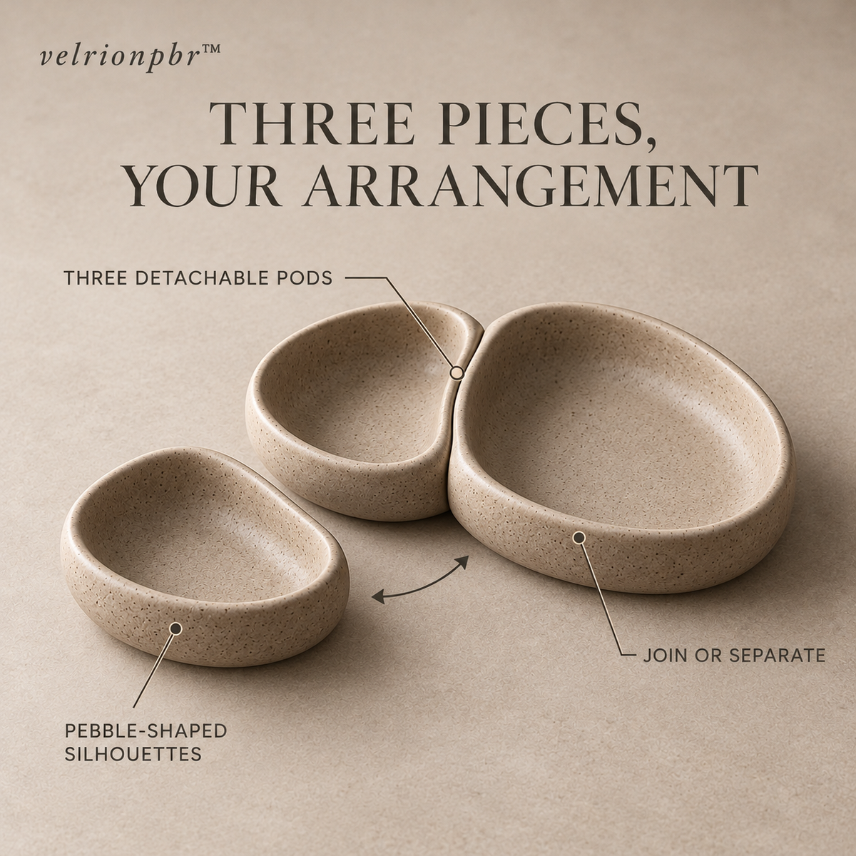 Pebblelink Modular Condiment Pod Trio showing its three detachable dishes and linked arrangement