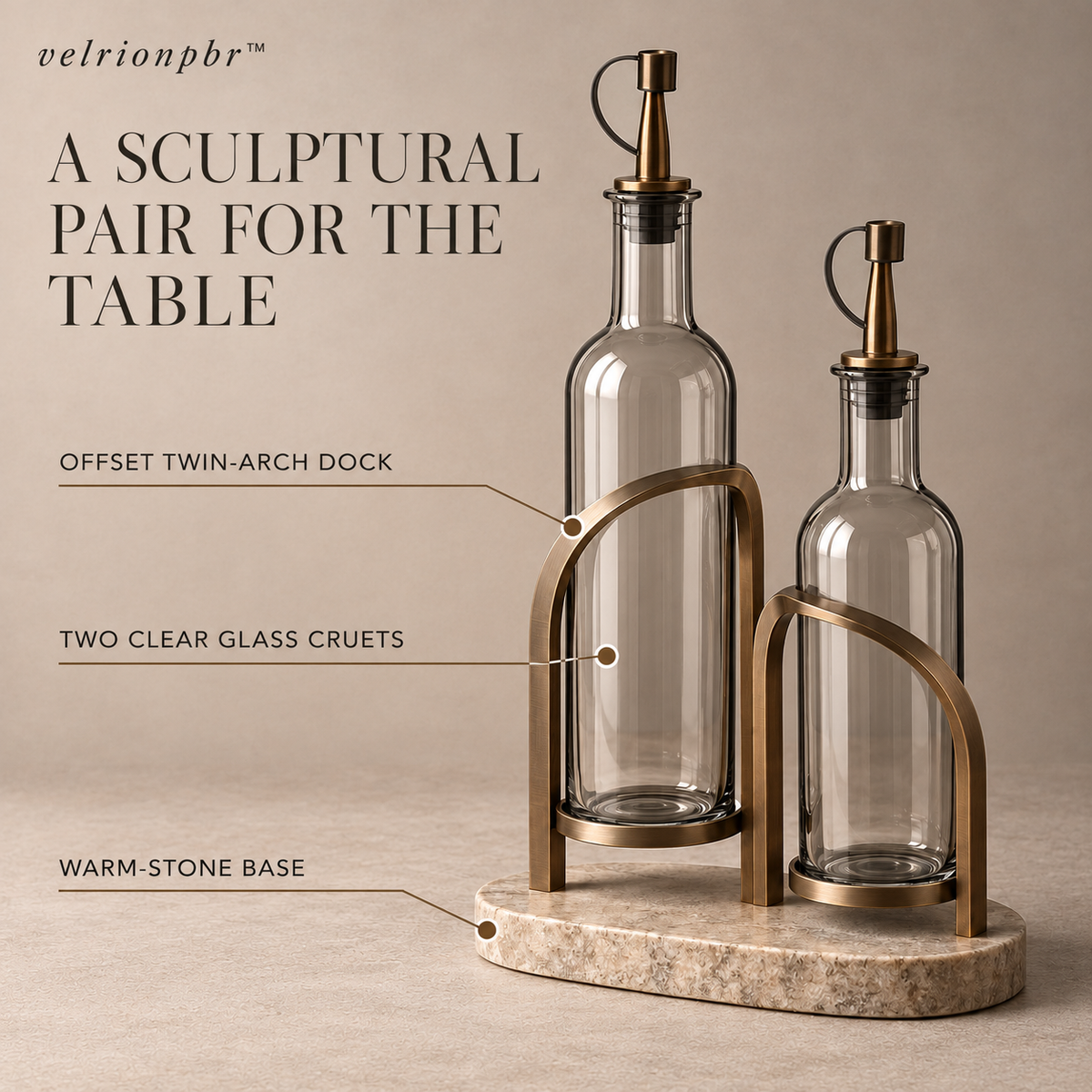 Twin Arch Cruet Dock showing two staggered cruets supported by an arch-shaped stand