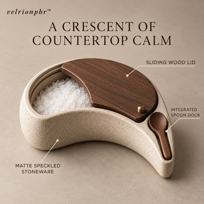 Crescent Salt Cellar highlighting its sliding lid and integrated spoon dock
