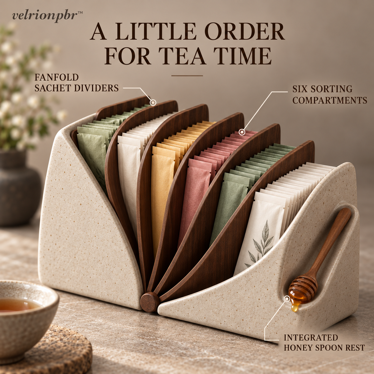 Fanfold Tea Sachet Archive showing divided tea storage and honey spoon rest