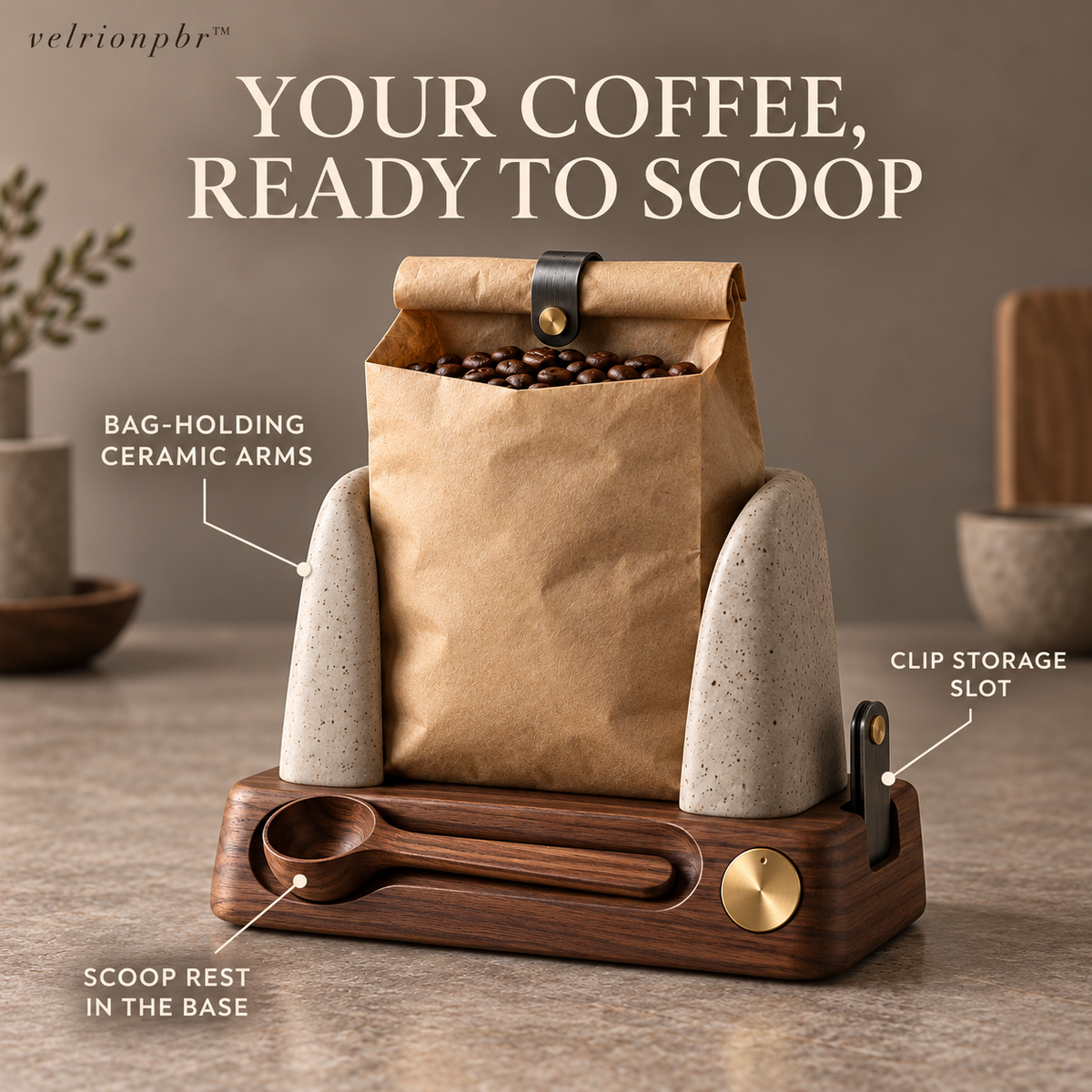 Brew Dial Coffee Bag Dock showing its dock, scoop, and clip features