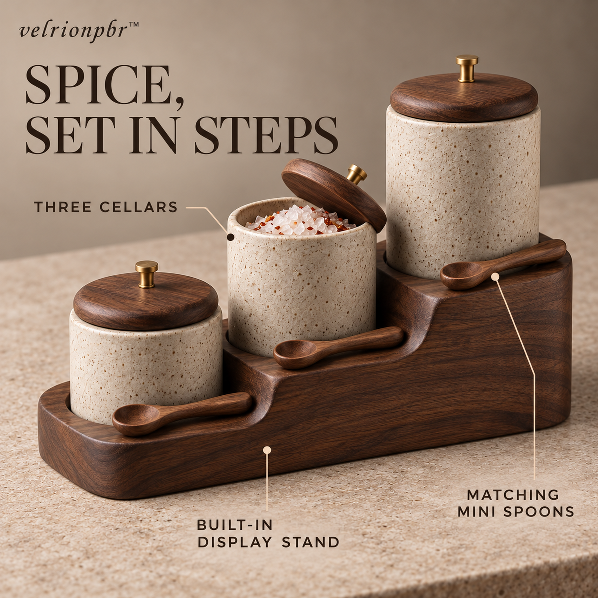 Stairstep Spice Cellar Trio showing three jars arranged at different heights