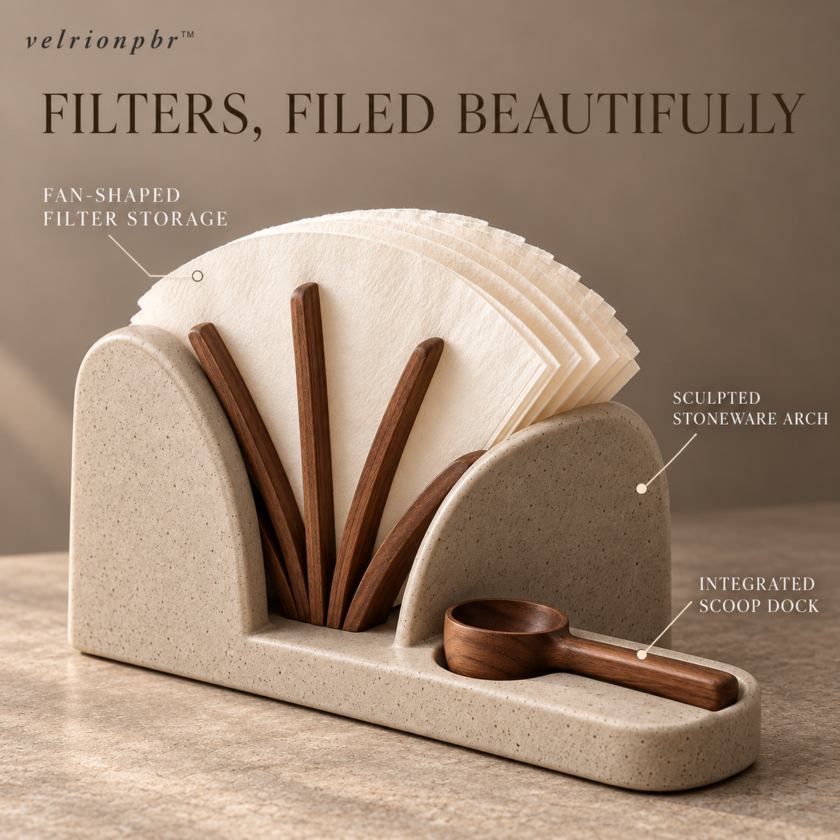 Fan Vault Coffee Filter Holder showing upright filter storage and scoop dock