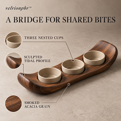 Tidal Bridge Mezze Board showing its sculptural wave profile and three nested dip cups