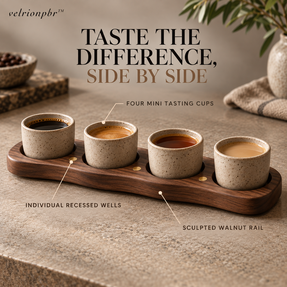 Coffee Flight Tasting Rail highlighting its four mini cups and serving layout