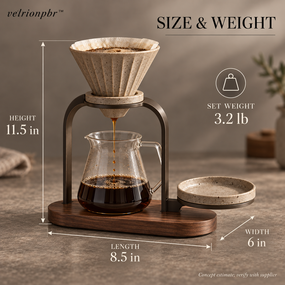 Pourline Coffee Dripper Stand size and weight: 8.5 by 6 by 11.5 inches, estimated 3.2 pounds dimensions and weight
