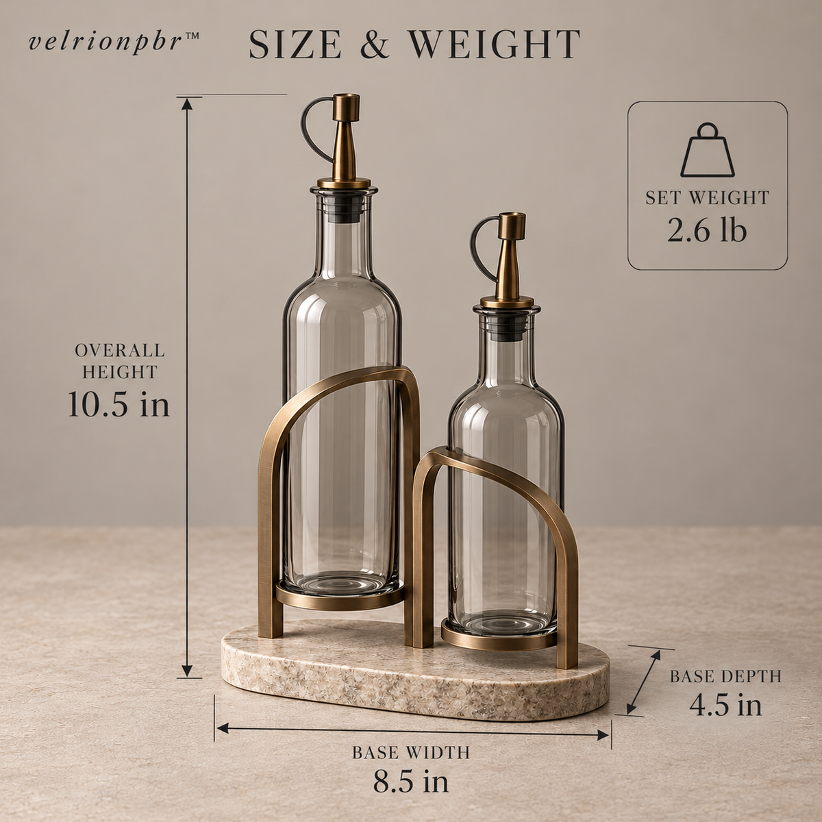 Twin Arch Oil and Vinegar Cruet Dock approximate dimensions 10.5 by 8.5 by 4.5 inches and estimated weight 2.6 pounds dimensions and weight