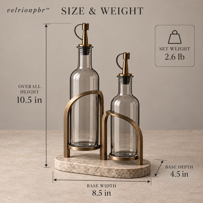 Twin Arch Oil and Vinegar Cruet Dock approximate dimensions 10.5 by 8.5 by 4.5 inches and estimated weight 2.6 pounds