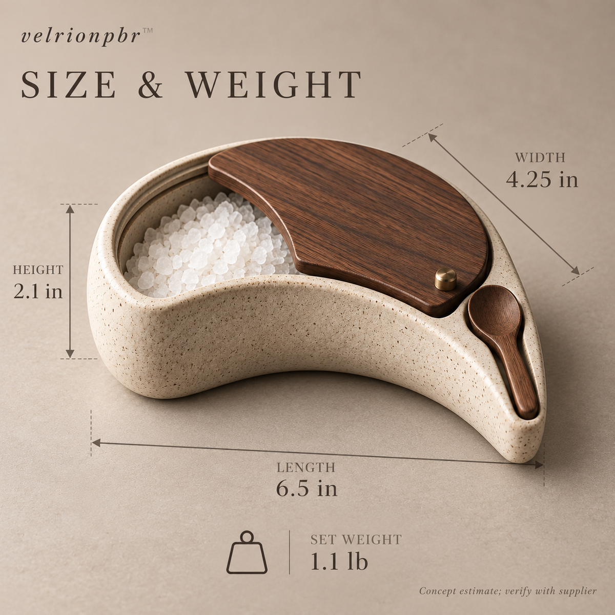Crescent Salt Cellar size and weight: 6.5 by 4.25 by 2.1 inches, estimated 1.1 pounds