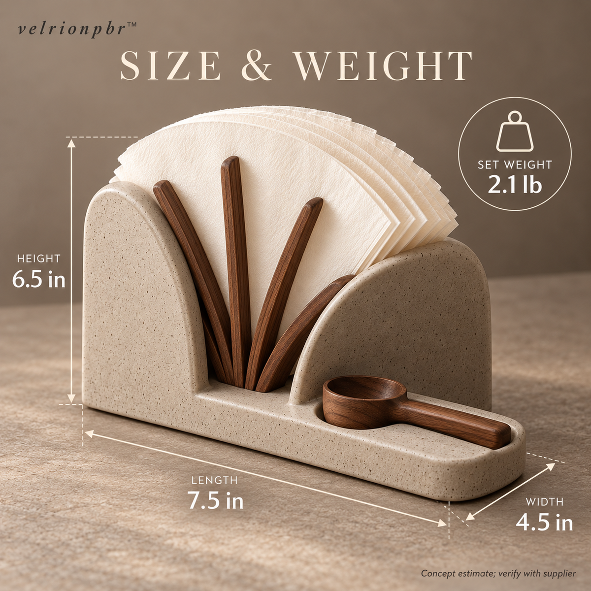 Fan Vault Coffee Filter Holder size and weight: 7.5 by 4.5 by 6.5 inches, estimated 2.1 pounds