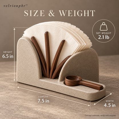 Fan Vault Coffee Filter Holder size and weight: 7.5 by 4.5 by 6.5 inches, estimated 2.1 pounds