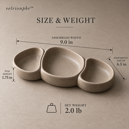 Pebblelink Modular Condiment Pod Trio dimensions: 9 by 6.5 by 1.75 inches, estimated 2 pounds