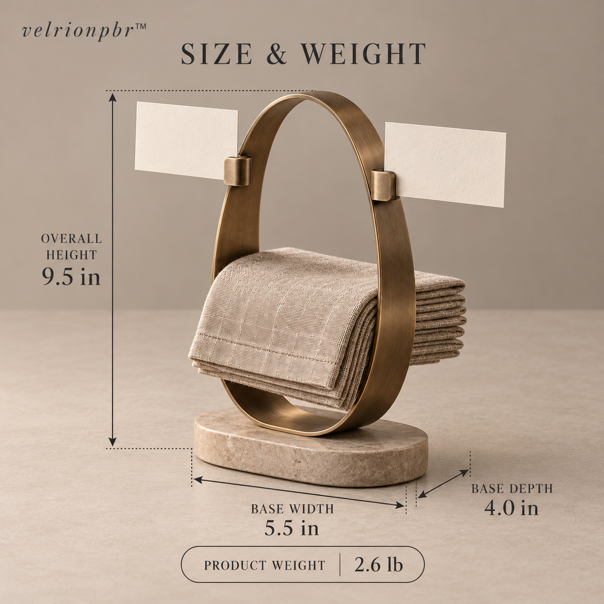 Orbit Loop Napkin Totem size and weight: 9.5 by 5.5 by 4 inches, estimated 2.6 pounds