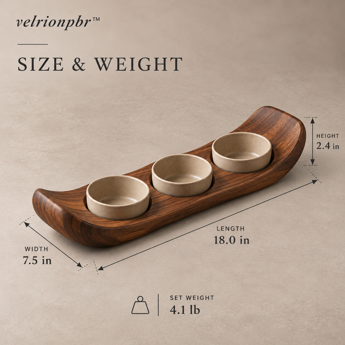Tidal Bridge Mezze Board approximate dimensions 18 by 7.5 by 2.4 inches and estimated weight 4.1 pounds