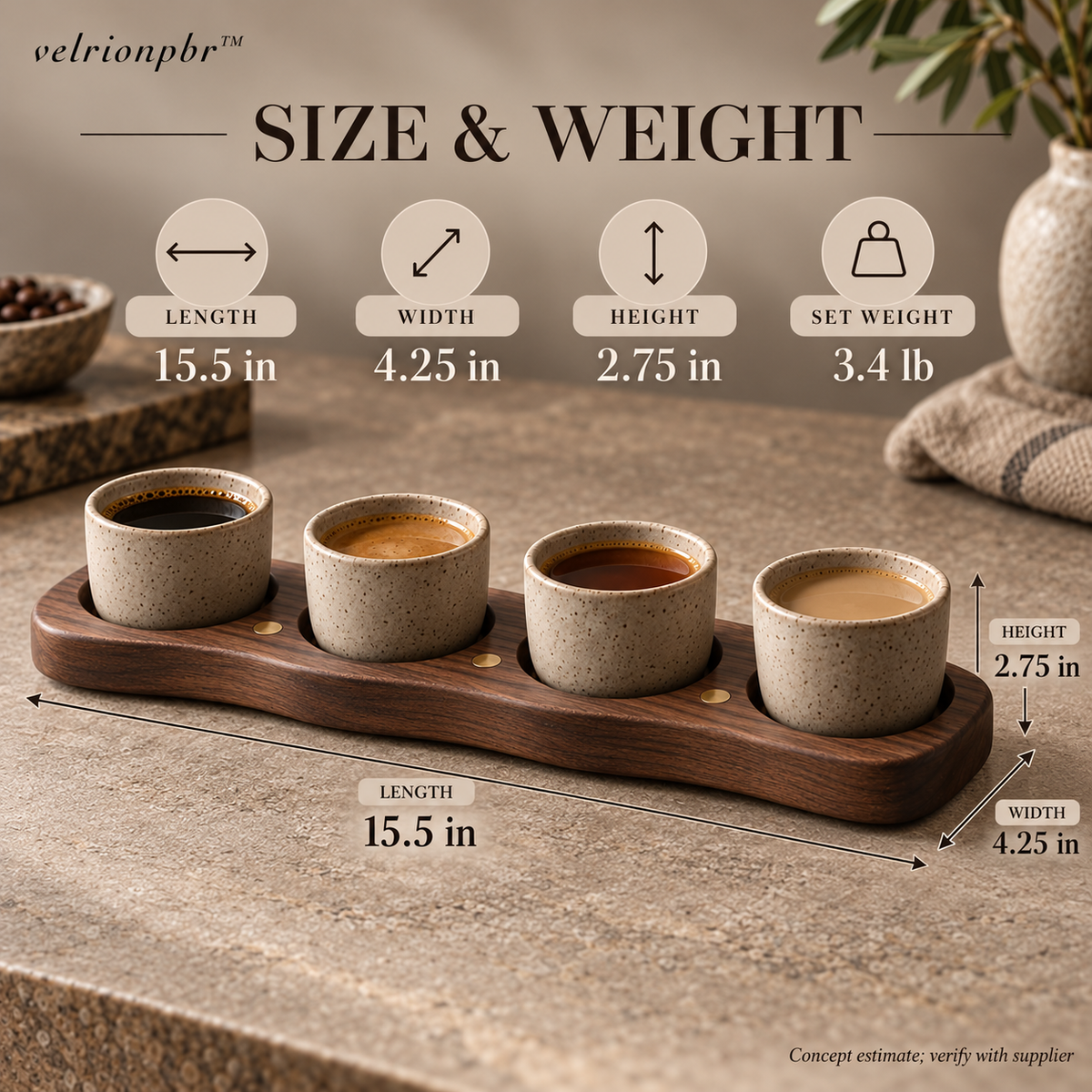 Coffee Flight Tasting Rail size and weight: 15.5 by 4.25 by 2.75 inches, estimated 3.4 pounds