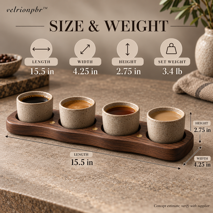 Coffee Flight Tasting Rail size and weight: 15.5 by 4.25 by 2.75 inches, estimated 3.4 pounds