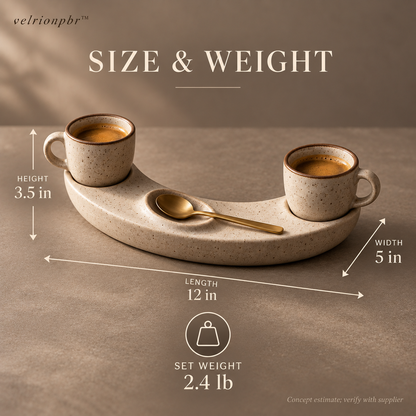 Crescent Espresso Pairing Set size and weight: 12 by 5 by 3.5 inches, estimated 2.4 pounds