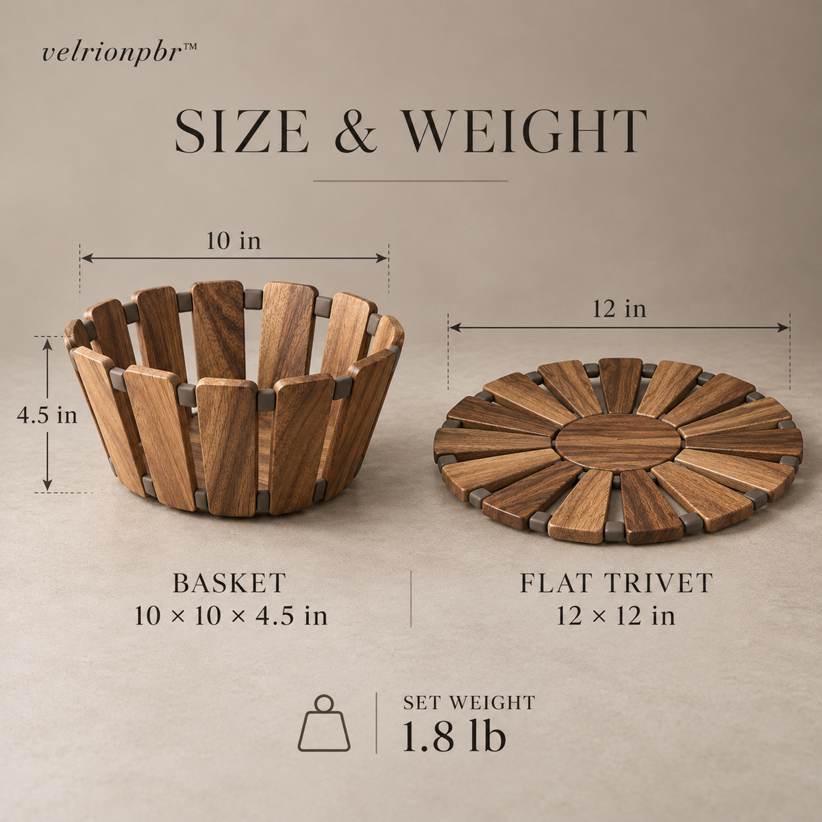 Foldline Bread Basket and Trivet dimensions: basket 10 by 10 by 4.5 inches, open trivet 12 by 12 inches, estimated 1.8 pounds