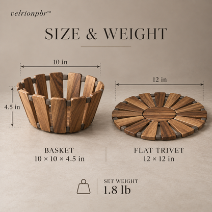 Foldline Bread Basket and Trivet dimensions: basket 10 by 10 by 4.5 inches, open trivet 12 by 12 inches, estimated 1.8 pounds