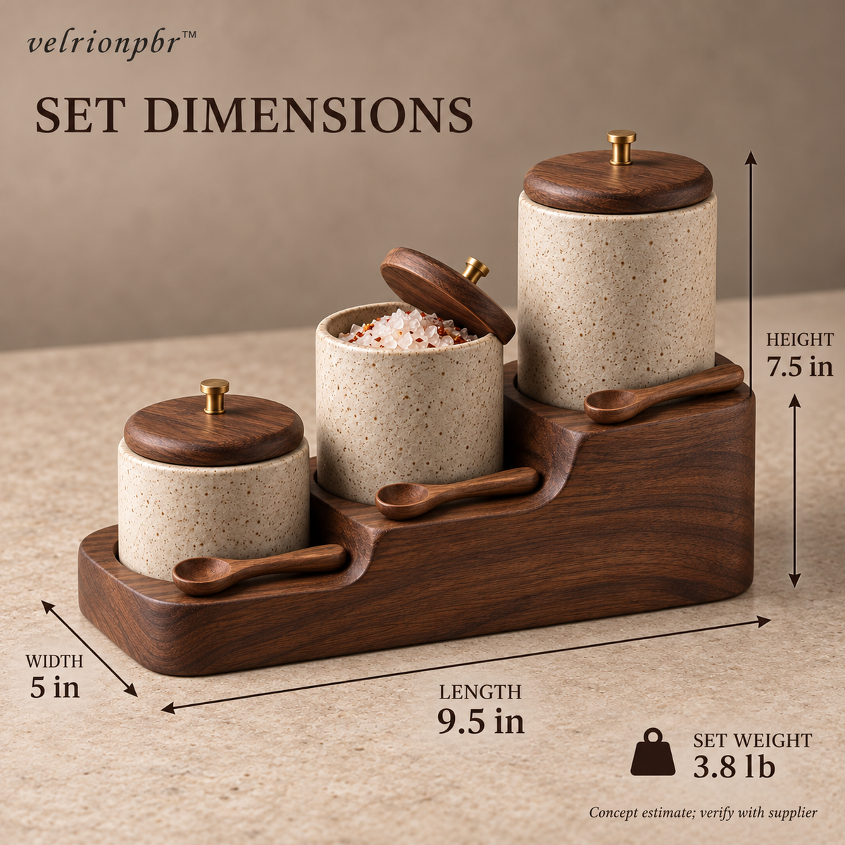 Stairstep Spice Cellar Trio dimensions: 9.5 by 5 by 7.5 inches, estimated set weight 3.8 pounds