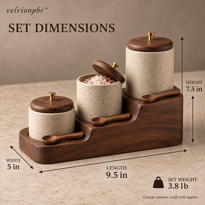 Stairstep Spice Cellar Trio dimensions: 9.5 by 5 by 7.5 inches, estimated set weight 3.8 pounds