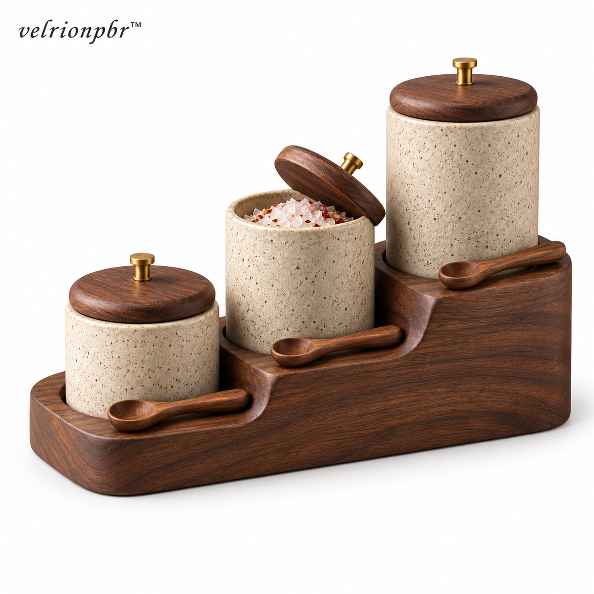Stairstep Spice Cellar Trio with display stand on a white background
