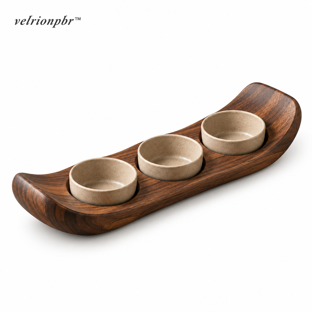 Tidal Bridge Mezze Board with Three Nested Dip Cups on a white background